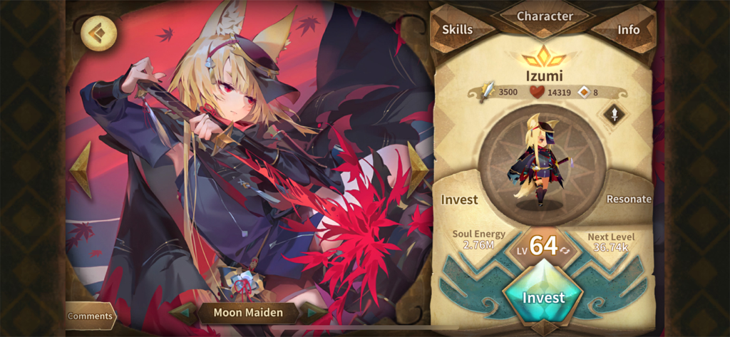 Character profile of Izumi Moon Maiden in Sdorica showing level 64 stats and anime art.