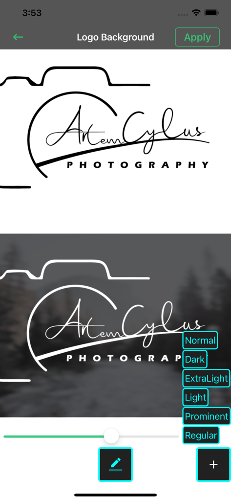 Add Watermark on Photos,Videos - Interfaccia di un'app di filigrana che mostra un'anteprima del logo fotografico su vari sfondi con opzioni di personalizzazione.