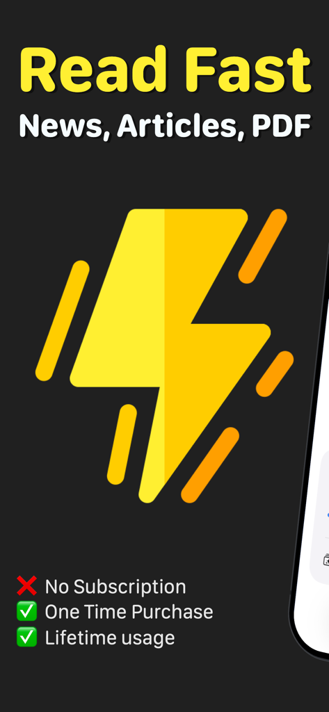 Speed Reader: Articles & PDF - Una pantalla promocional para la app Speed Reader con un gran icono de rayo amarillo y texto que dice 'Lee Noticias Rápidas Artículos PDF' con detalles sobre la compra única y uso vitalicio.
