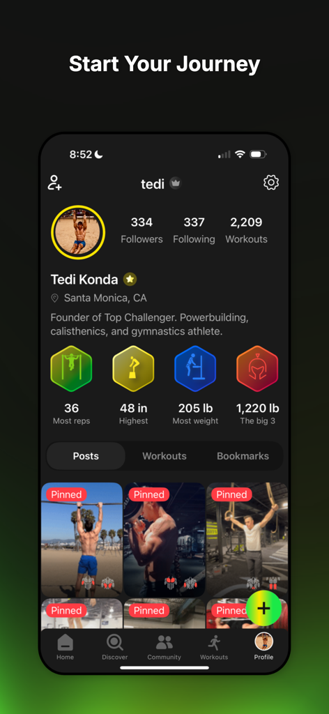 A fitness user profile in the Top Challenger app displaying workout stats, followers, and pinned video posts.