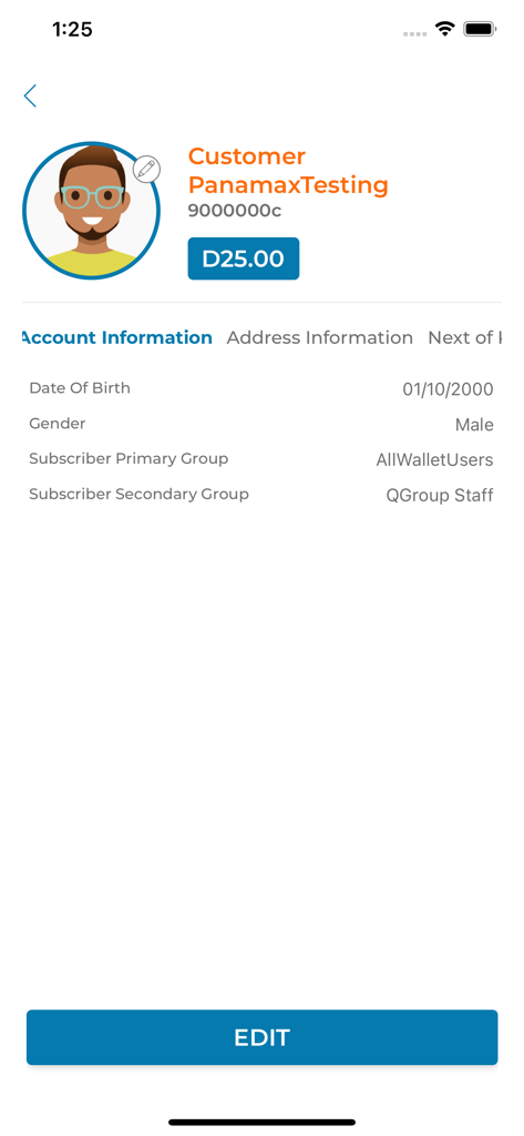 QMoney - Customer - User account profile page in the QMoney app showing personal details and wallet balance