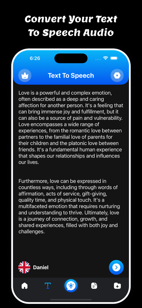 Speech To Text: Voice Notes - Interfaz de la aplicación Texto a Voz mostrando una muestra de texto y la opción de convertirla a audio usando una voz seleccionada.