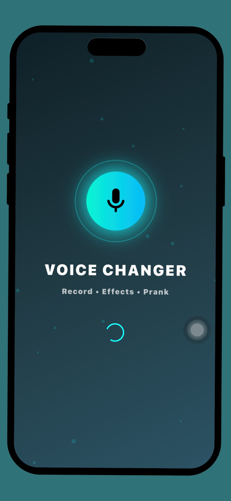 Splash screen of Voice Changer Pro AI Effects app showing a central microphone icon and dark mode theme