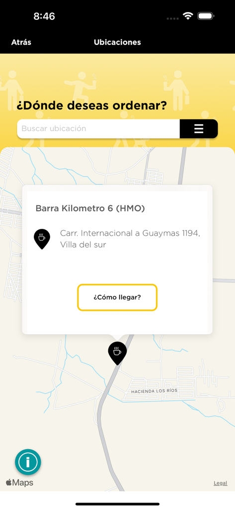 Círculo andatti - Interfaz de mapa en la aplicación Círculo andatti para encontrar sucursales de café cercanas y obtener indicaciones