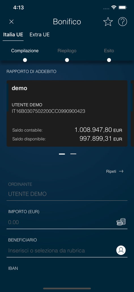 Banca di Piacenza - Schermata dell'app mobile Banca di Piacenza che mostra il modulo di bonifico bancario con saldo del conto e campi del beneficiario