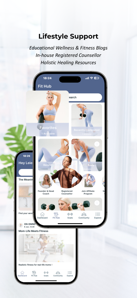 ON-DMND - Interface de l'application ON-DMND montrant des fonctionnalités de soutien au style de vie, y compris des blogs de fitness et l'accès à un conseiller