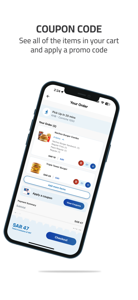 Herfy App - The order checkout screen of the Herfy app showing a burger cart and promo code options