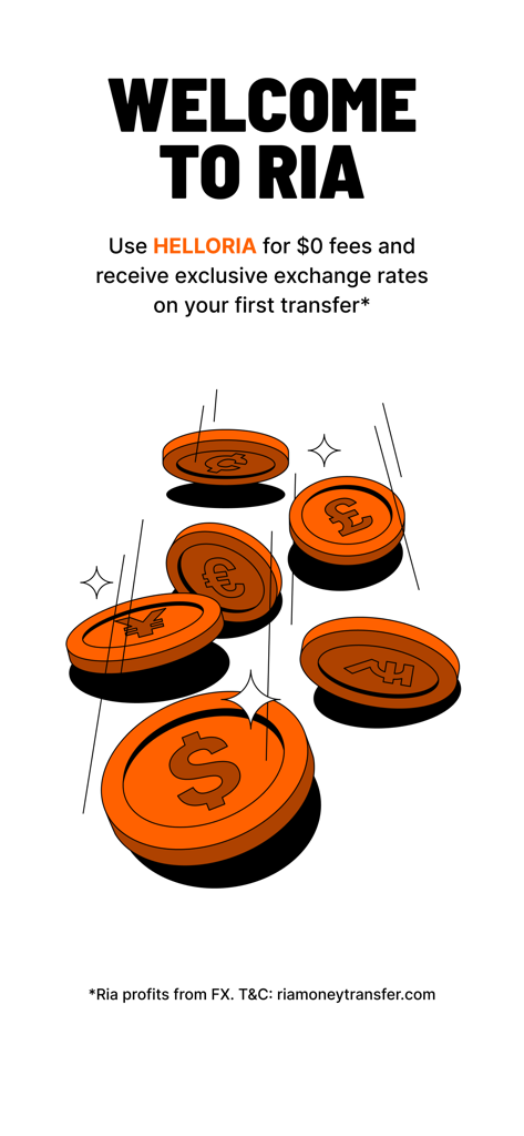 Ria Money Transfer welcome screen featuring zero fees on the first transfer with HELLORIA promo code.
