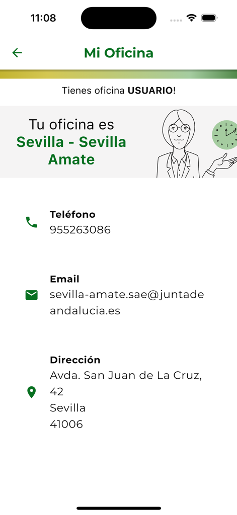 La pantalla Mi Oficina de la app SAE que muestra el teléfono, correo electrónico y dirección de la oficina de Sevilla Amate