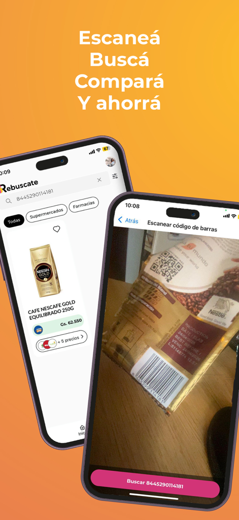 Rebuscate - Mobile app interface showing a barcode scanner and price comparison for a coffee product