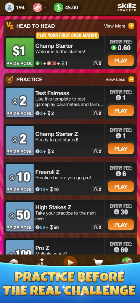 Pachinko Arcade - Plinko Cash - A screenshot of the Pachinko Arcade game lobby showing head to head cash matches and practice tournament options