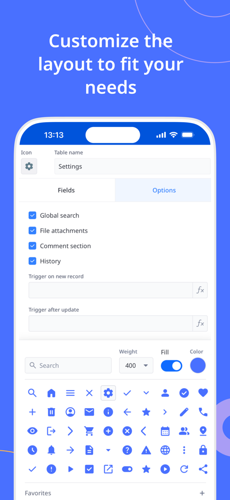 Ninox - Ninox mobile app interface for customizing database table layouts and settings
