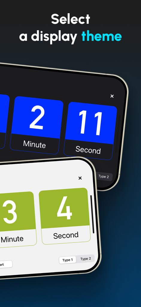 Mobile screen showing different customizable color themes for a full screen countdown timer