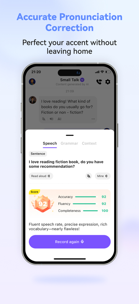 정확성과 유창성에 대한 음성 발음 점수를 표시하는 English AI 앱 인터페이스