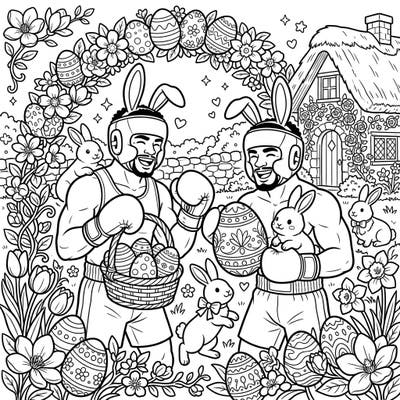 Unleash your creativity with this unique coloring page featuring legendary boxers celebrating Easter! Discover a joyful scene filled with festive eggs, playful bunnies, and springtime blooms, ready for your artistic touch.