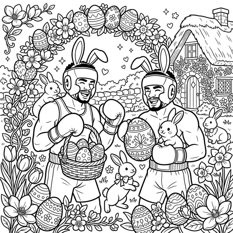 Unleash your creativity with this unique coloring page featuring legendary boxers celebrating Easter! Discover a joyful scene filled with festive eggs, playful bunnies, and springtime blooms, ready for your artistic touch.