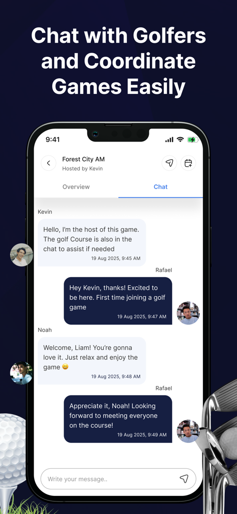 Un smartphone montrant l'interface de chat de l'application Deemples où les golfeurs coordonnent une partie et s'envoient des messages.