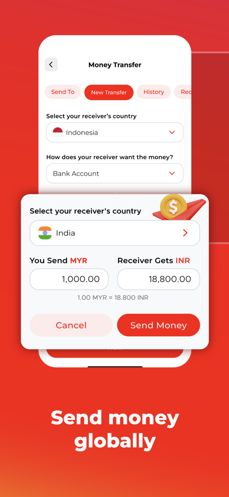 Merchantrade Money app interface showing an international money transfer from Malaysia to India with currency conversion.