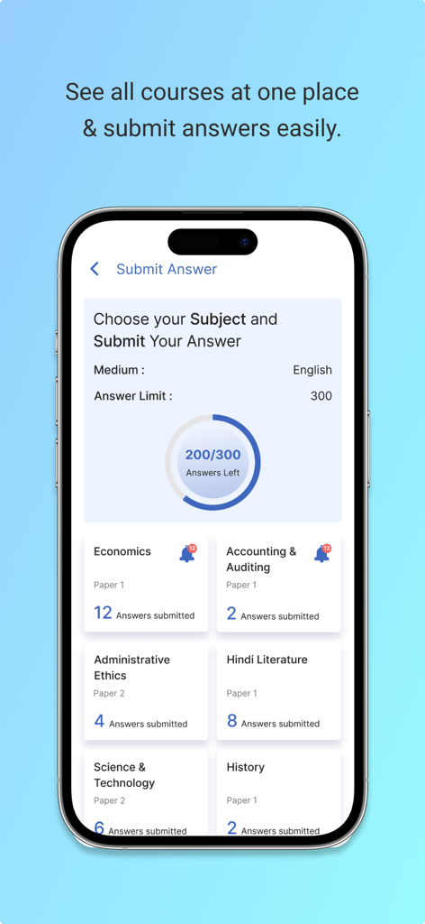 Drishti Learning App - Interface of the Drishti Learning App for submitting exam answers and tracking progress across different subjects.