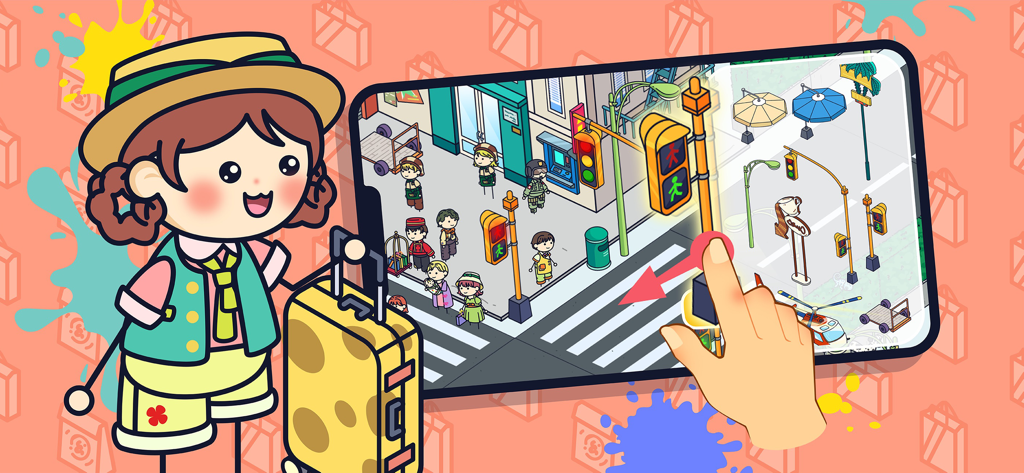 Topia City Life: Avatar World - Una simpatica ragazza dei cartoni animati con una valigia accanto a uno smartphone che mostra un gioco di simulazione di città.