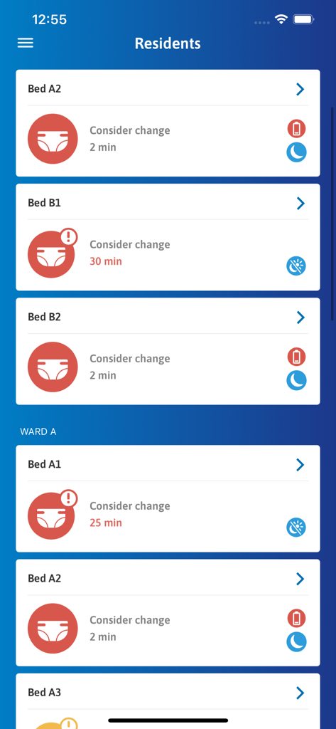 Interfaz de la aplicación TENA Smartcare Pro que muestra el estado de monitorización del residente con indicadores de cambio de incontinencia.