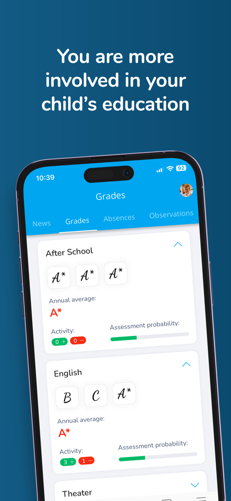 Adservio - Adservio mobile app displaying student grades annual averages and assessment probability for parents