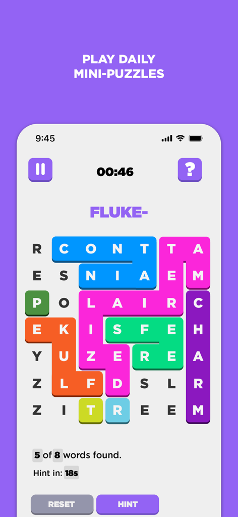 Puzzlit - Puzzles Made Social - Gameplay screen of Puzzlit app showing a colorful Findit word search puzzle