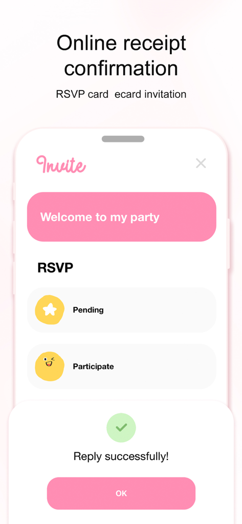 Invitation Maker Greeting Card - Invitation maker app screen showing an online RSVP confirmation with a success message.