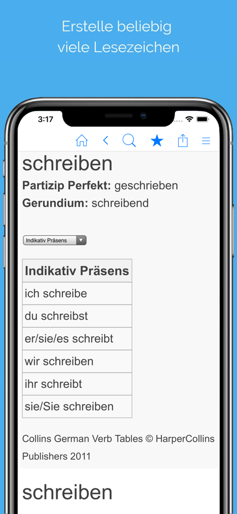 Deutsch Wörterbuch & Thesaurus - Mobile app screenshot showing German verb conjugation tables for the verb schreiben