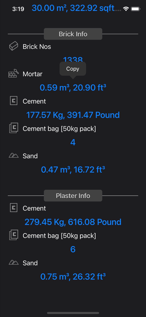 Brick and Plaster Calculator - Calculation results screen showing material quantities for brick and plaster including cement sand and mortar in metric and imperial units