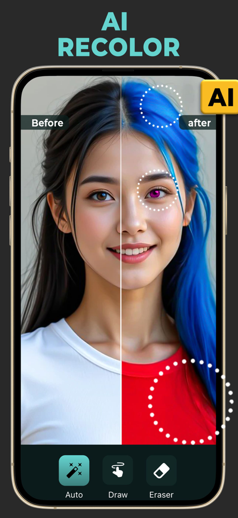 AIリカラー機能を使用して髪や服の色を変更したポートレートの、比較前後の表示