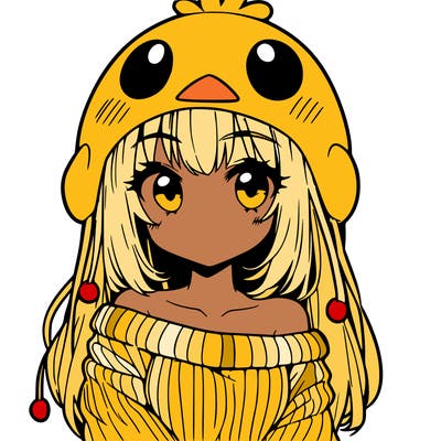 anime girl with chick shaped hat with sweater with bare shoulders with bangs covering them one eye with low tail