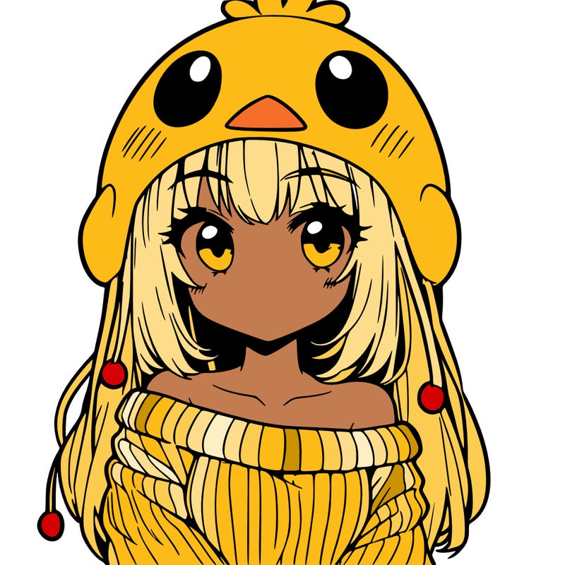anime girl with chick shaped hat with sweater with bare shoulders with bangs covering them one eye with low tail