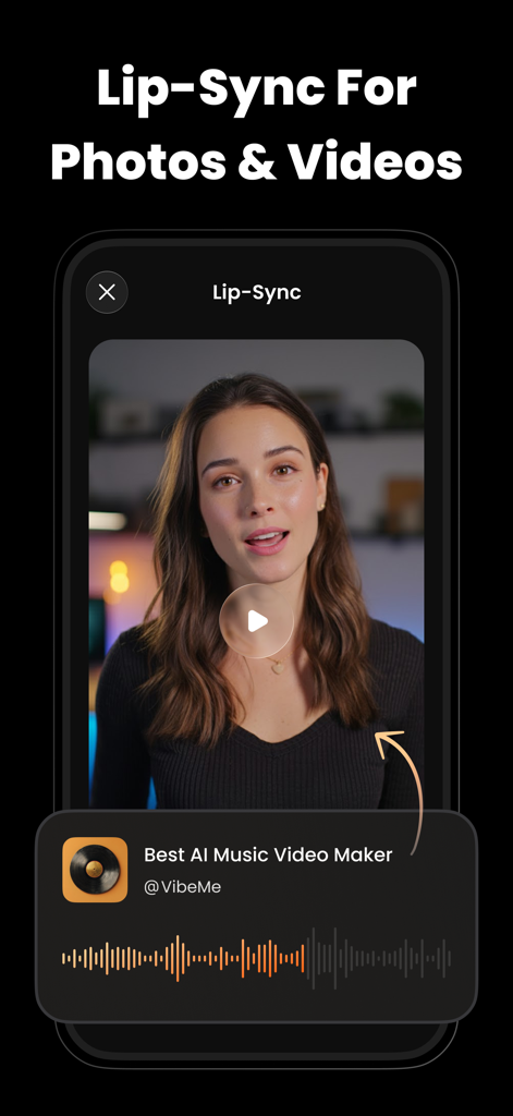 VibeMe AI: Music Video Maker - VibeMe AI app interface showing a woman's photo being lip-synced with a music waveform overlay