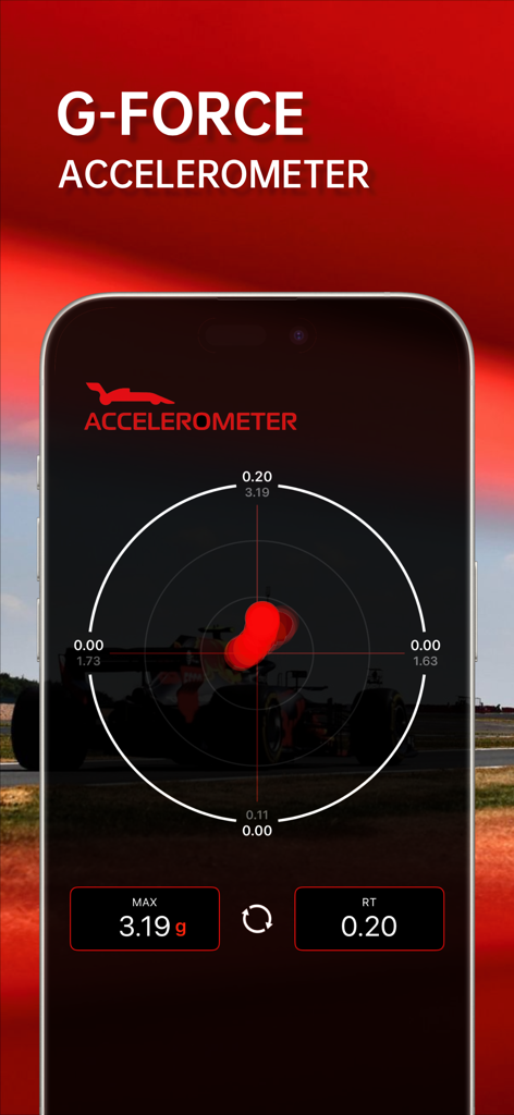GPS Speedometer: HUD Odometer - GPS Speedometer app interface showing G-force accelerometer with real-time acceleration tracking