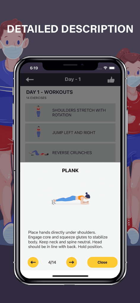 Abs Workout Fit Body Exercises - Instrucciones detalladas del ejercicio de plancha e ilustración en la interfaz de la aplicación Abs Workout