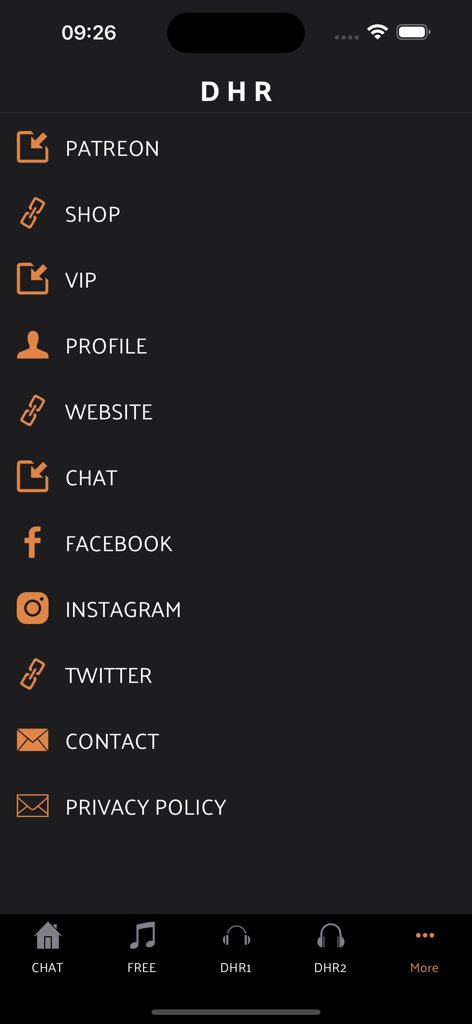 Deep House Radio DHR - Schermata del menu dell'app Deep House Radio con collegamenti ai social media e opzioni della community