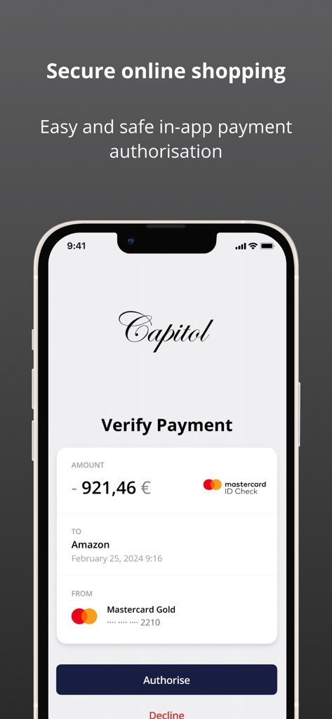 Capitol cards - Capitol cards app screen for verifying and authorizing a secure online payment