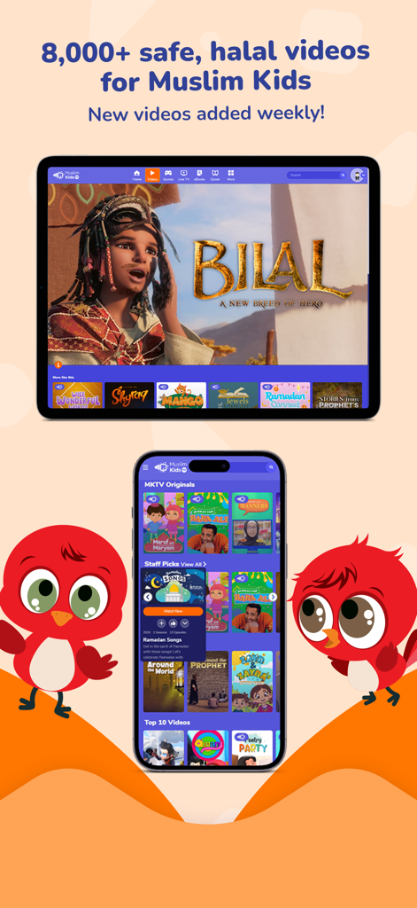 Muslim Kids TV - Muslim Kids TV app interface showing safe and halal videos on a tablet and smartphone with animated characters.