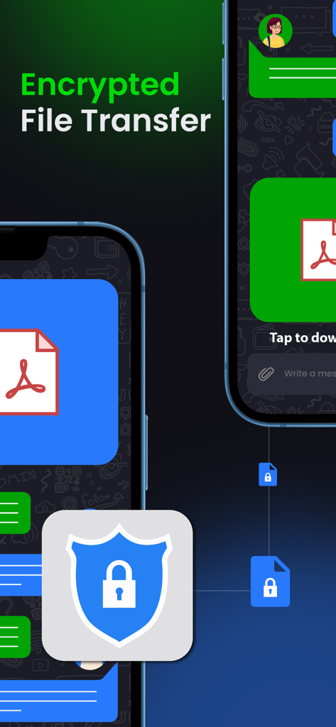 안전한 자물쇠 방패 아이콘이 있는 암호화된 파일 전송 기능을 보여주는 BChat 메신저 모바일 앱 화면