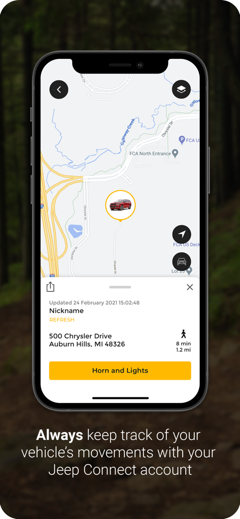 Jeep® - Screenshot of the Jeep app showing a vehicle's location on a map with options to activate horn and lights.