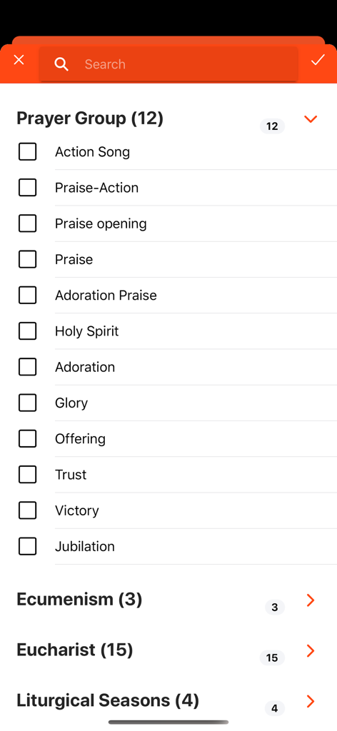 A list of song categories for worship including Prayer Group, Eucharist, and Liturgical Seasons.