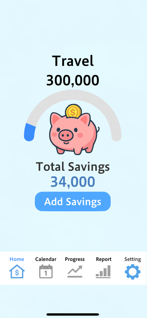 Savings Goal Calendar - Savings Goal Calendar app home screen showing travel savings progress and a cute piggy bank icon