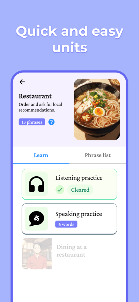 Interface of Dango app showing a restaurant learning unit with listening and speaking exercises for travel.