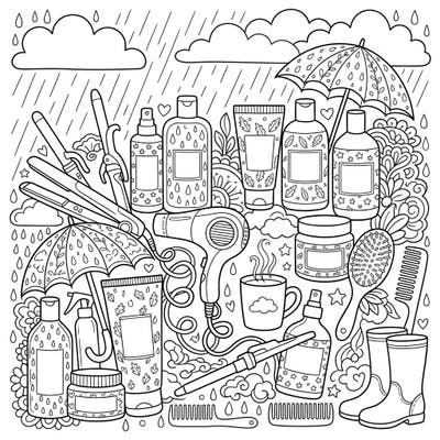Embrace the soothing vibes of a rainy day with our delightful haircare-themed coloring page. Discover an array of beauty products and cozy elements, perfect for a relaxing creative session.
