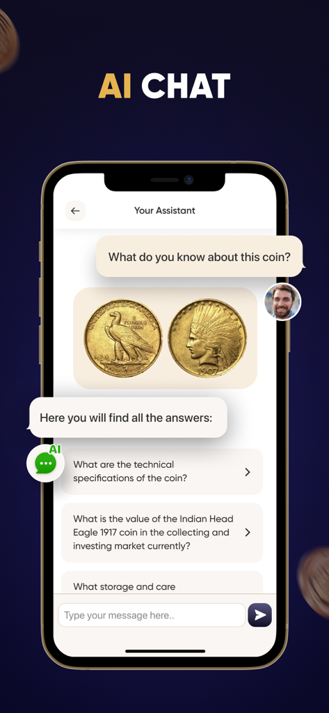 AI chat assistant interface in CoinScan app identifying a gold Indian Head Eagle coin