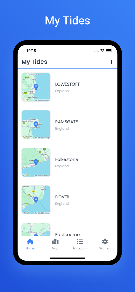 Just Tides: Tide Times - My Tides screen showing a list of saved coastal locations and maps in the Just Tides app
