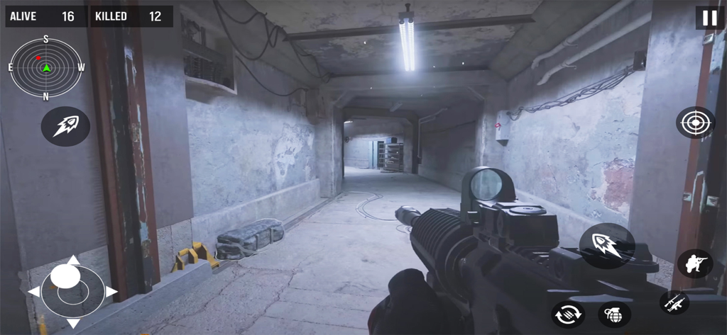 Fps Commando Shooting Gun Game - First person shooter gameplay showing a player holding an assault rifle in a concrete tunnel with on-screen controls.
