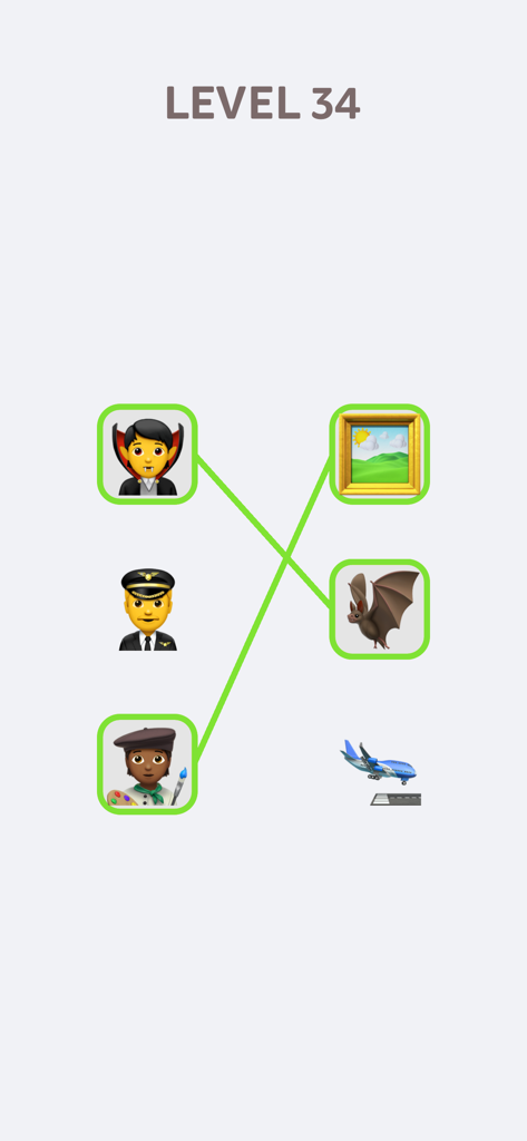Emoji Puzzle! - 뱀파이어와 박쥐 같은 이모티콘 간의 논리적 연관성을 보여주는 Emoji 퍼즐 레벨 34의 스크린샷