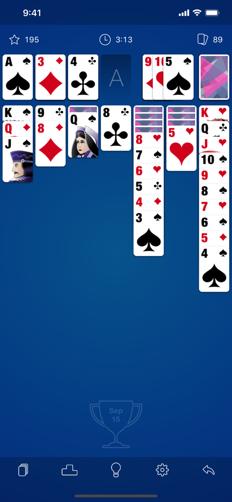 Solitaire The Game - A screenshot of Solitaire The Game featuring a classic Klondike card layout with a clean blue background on an iPhone
